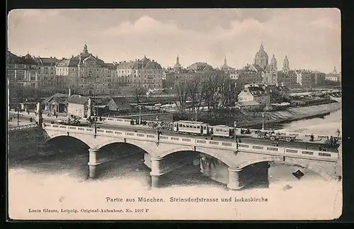 AK München, Steinsdorfstrasse mit Strassenbahn, Lukaskirche