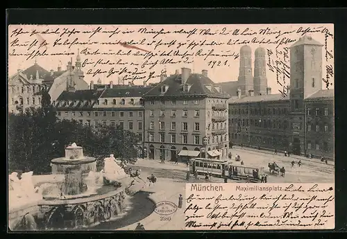 AK München, Maximiliansplatz mit Strassenbahn aus der Vogelschau