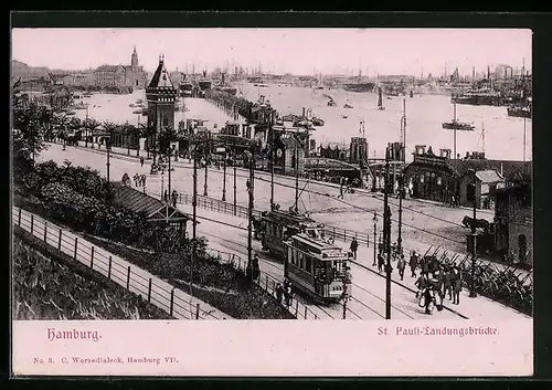 AK Hamburg-St. Pauli, Landungsbrücke mit Strassenbahnen