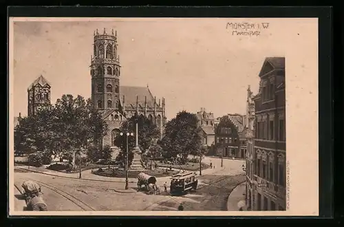 AK Münster i. W., Der Marienplatz mit Strassenbahn