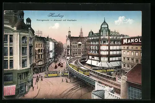 AK Hamburg, Rödingsmarkt-Alterwall mit Hochbahn und Strassenbahn