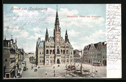AK Reichenberg, Altstädter Platz mit Rathaus und Strassenbahn