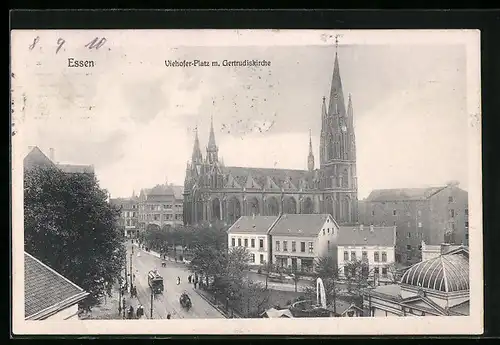 AK Essen, Viehofer-Platz mit Gertrudiskirche und Strassenbahn