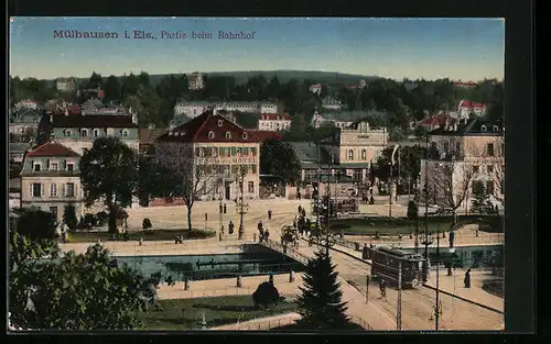 AK Mülhausen, Strassenbahnen beim Bahnhof