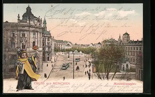 AK München, Strassenbahnen auf dem Maximiliansplatz