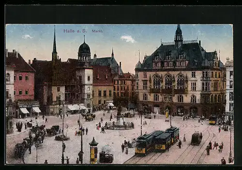 AK Halle a. S., Markt mit Strassenbahnen