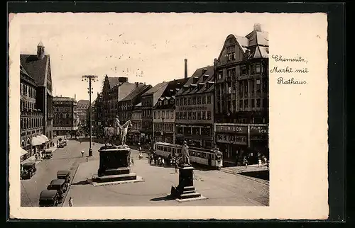 AK Chemnitz, Markt mit Rathaus und Strassenbahn