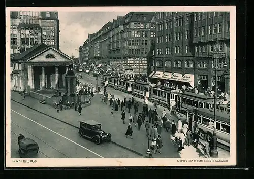 AK Hamburg, Die Mönckebergstrasse mit Strassenbahnen