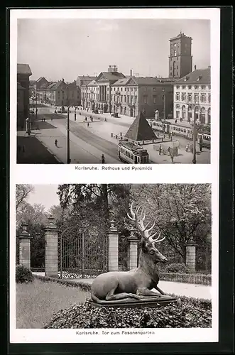 AK Karlsruhe, Rathaus u. Pyramide, Tor zum Fasanengarten