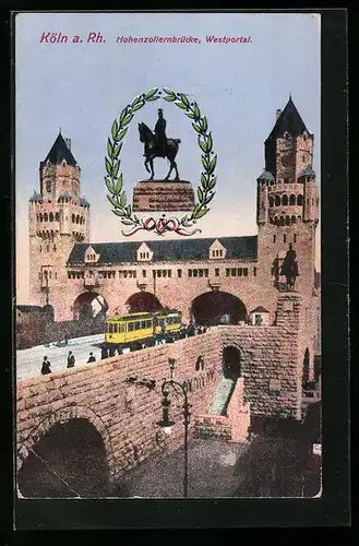 AK Köln, Strassenbahn auf der Hohenzollernbrücke am Westportal
