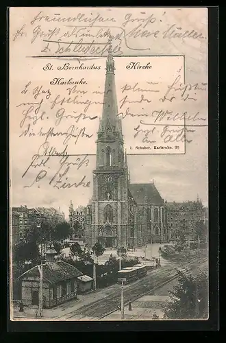 AK Karlsruhe, St. Bernhardskirche und Strassenbahn