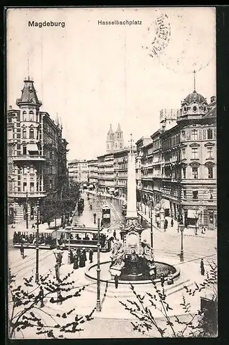 AK Magdeburg, Strassenbahn auf dem Hasselbachplatz