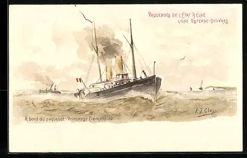 Lithographie Paquebot Princesse Clementine im aufgebauschten Meer