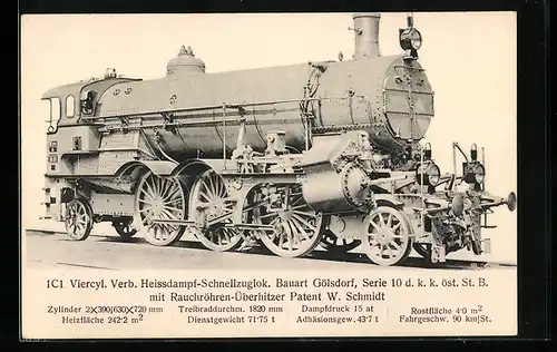 AK 1C1 Viercyl. Verb. Heissdampf-Schnellzuglok. Bauart Gölsdorf, Serie 10 der österreichischen Eisenbahn