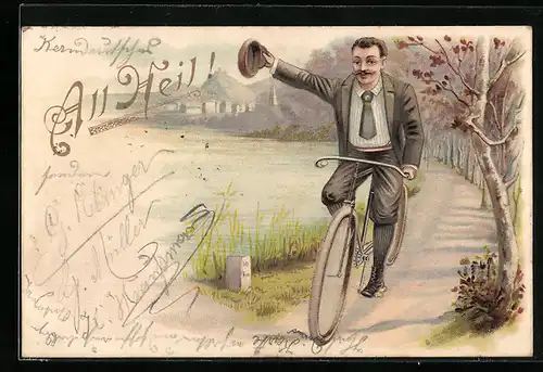 Lithographie Fahrradfahrer grüsst All Heil!