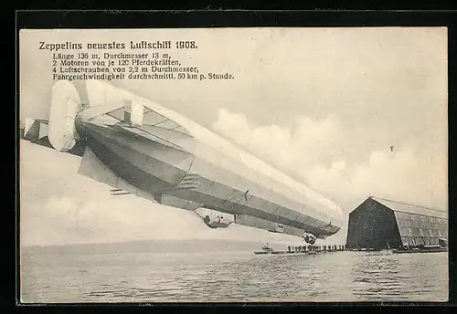 AK Friedrichshafen am Bodensee, Zeppelins Luftschiff Modell 4 1908 über dem Wasser