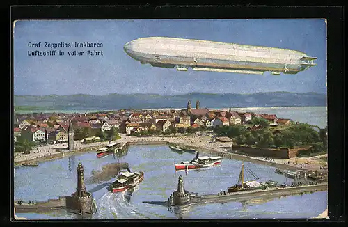 AK Lindau i. B., Zeppelin über dem Hafen
