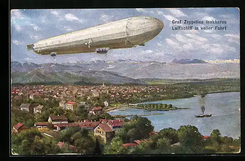 Künstler-AK Le dirigeable Zeppelin en plein vol, Graf Zeppelins lenkbares Luftschiff in voller Fahrt