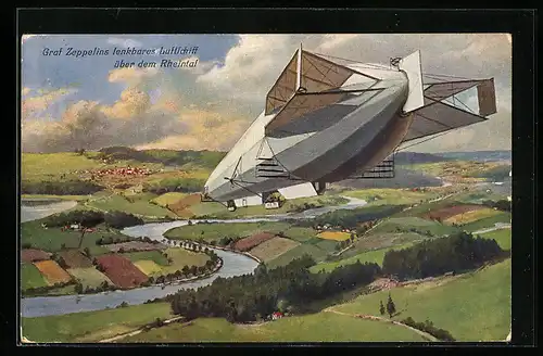 Künstler-AK Graf Zeppelins lenkbares Luftschiff über dem Rheintal