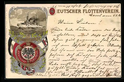 Präge-Lithographie Deutscher Flottenverein, SM Kriegsschiff, Rettungsring
