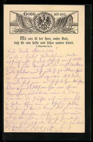 Künstler-AK Gott mit uns!, Mit uns ist der Herr, unser Gott, dass Er uns helfe und führe unsern Streit, Propaganda