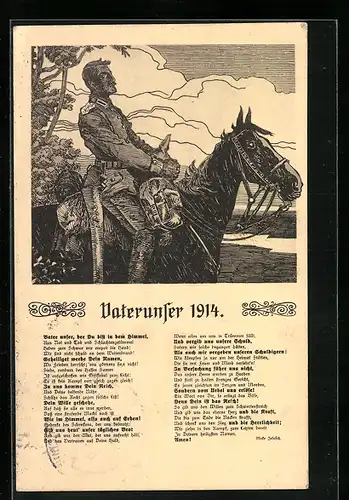 Künstler-AK Vaterunser 1914, Kavallerist mit Pickelhaube in den Händen