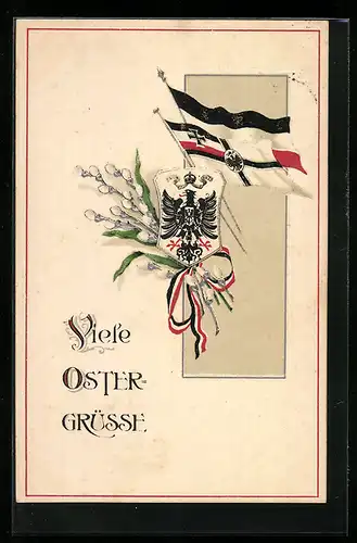 AK Fahnen, Reichsadler, Weidenkätzchen - Ostergruss
