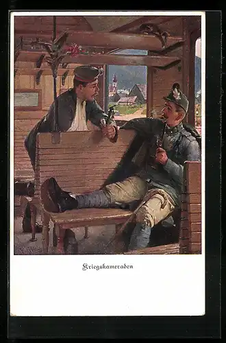AK Zweibund, Deutscher und Österreichischer Soldat unterhalten sich im Zug
