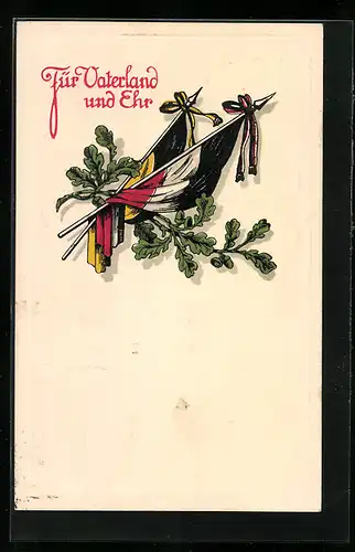 Künstler-AK Für Vaterland und Ehr, Zweibundfahnen, Eichenlaub
