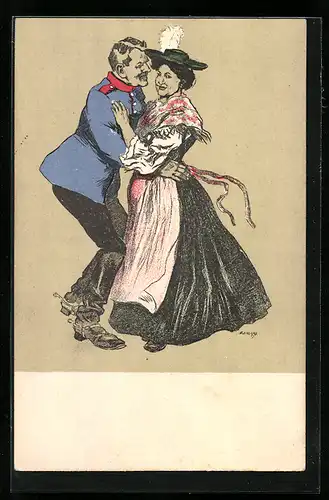 Künstler-AK Lied Im Quartier, Soldat tanzt mit einer Frau, Soldatenliebe