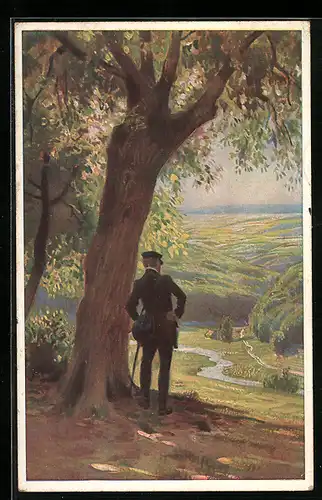 Künstler-AK Paul Hey: Wanderer blickt von oben über die Täler