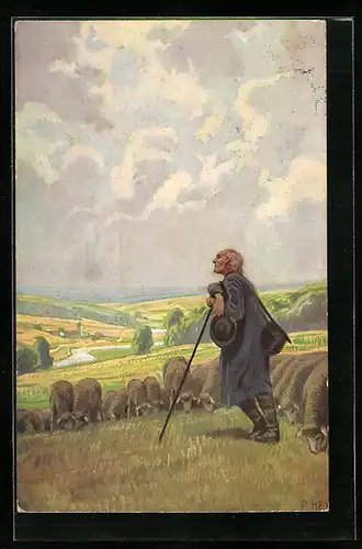 Künstler-AK Paul Hey: Alter Schäfer mit seinen Schafen