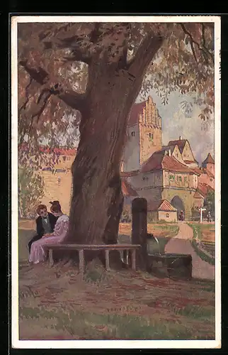 Künstler-AK P. Hey: : Am Brunnen vor dem Tore, Liebespaar vor dem Stadttor