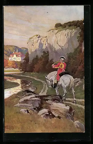 Künstler-AK Paul Hey: Jäger auf dem Schimmel bläst in sein Horn