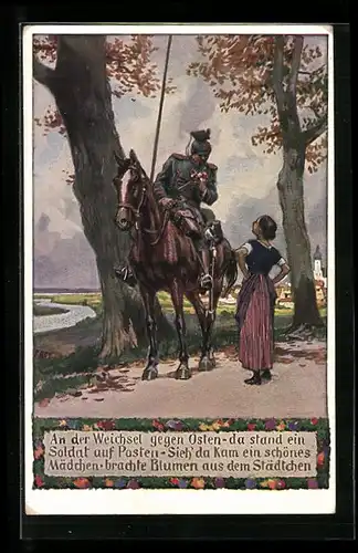Künstler-AK Paul Hey: Wachsoldat auf seinem Posten bekommt Blumen geschenkt