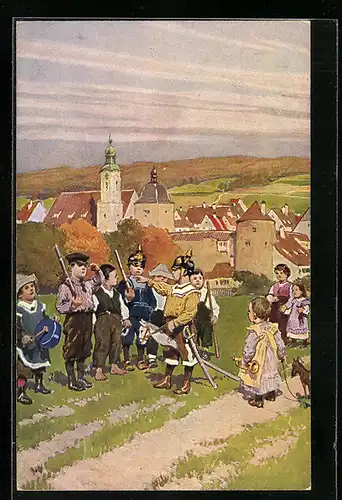 Künstler-AK Kleine Soldaten spielen auf einer Wiese