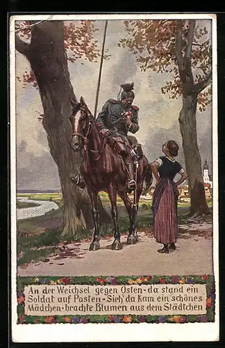 Künstler-AK Paul Hey: Wachsoldat auf seinem Posten bekommt Blumen geschenkt