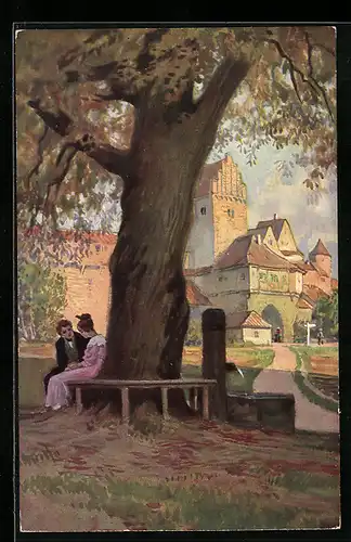 Künstler-AK P. Hey: : Am Brunnen vor dem Tore, Liebespaar vor dem Stadttor