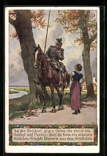 Künstler-AK Paul Hey: Wachsoldat auf seinem Posten bekommt Blumen geschenkt