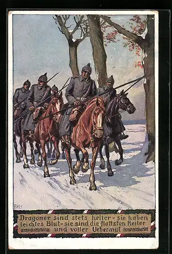 Künstler-AK Paul Hey: Dragoner zu Pferden im Winter