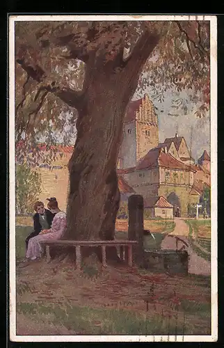 Künstler-AK P. Hey: : Am Brunnen vor dem Tore, Liebespaar vor dem Stadttor