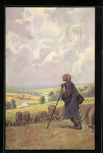 Künstler-AK Paul Hey: Alter Schäfer mit seinen Schafen