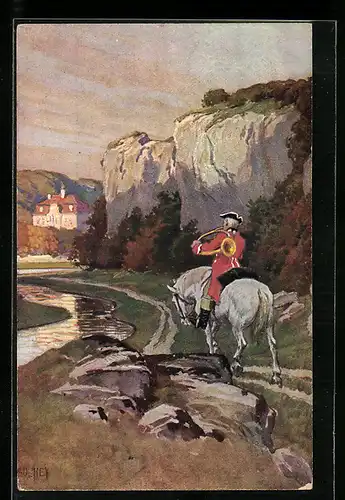 Künstler-AK Paul Hey: Jäger auf dem Schimmel bläst in sein Horn