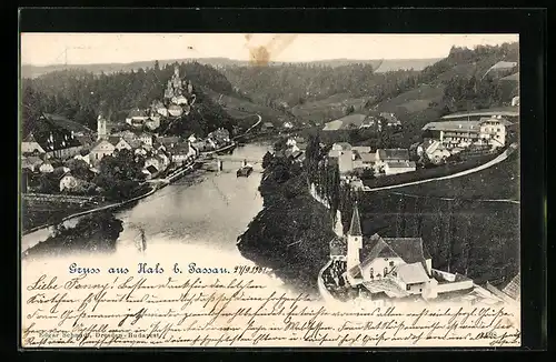 AK Hals b. Passau, Ortsansicht, Dampfer fährt vorbei