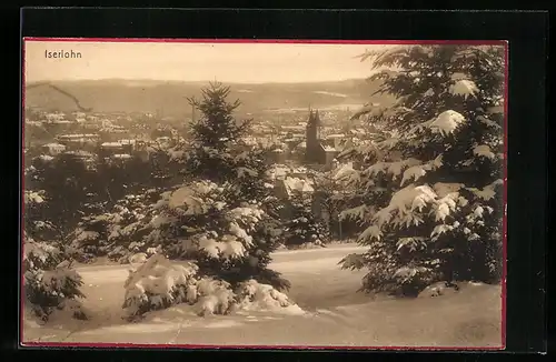 AK Iserlohn, Ortsansicht im Winter, mit Blick auf die Kirche