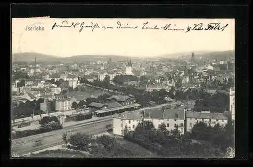 AK Iserlohn, Ortsansicht mit Blick auf den Bahnhof