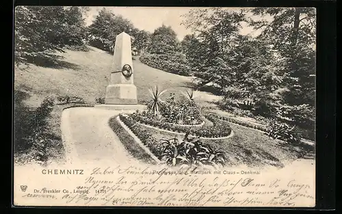 AK Chemnitz, Partie aus dem Stadtpark mit Claus-Denkmal