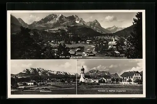 AK Krün, Ortsansicht mit Zugspitze, Wetterstein