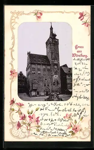 AK Würzburg, Altes Haus mit Turm und Uhr