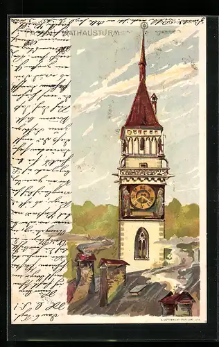 Lithographie Passau, Ansicht Rathausturm